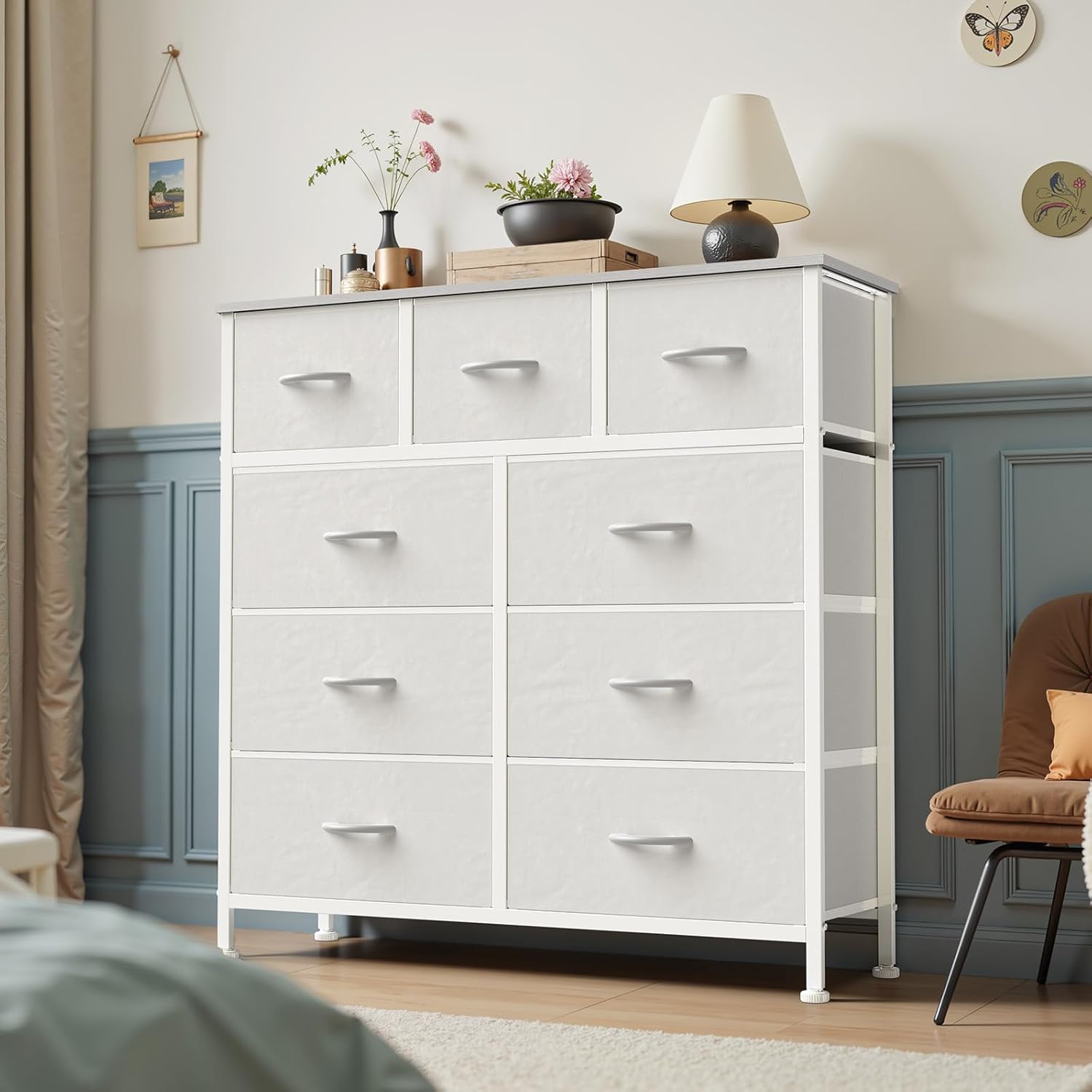 OLIXIS 9 Drawer Storage Dresser with Wood Top - Wide Fabric Chest Organizer for Bedroom, Closet, Living Room,Tower Cabinet, TV Stand, Hallway Entryway Furniture,Bright White - Image 2