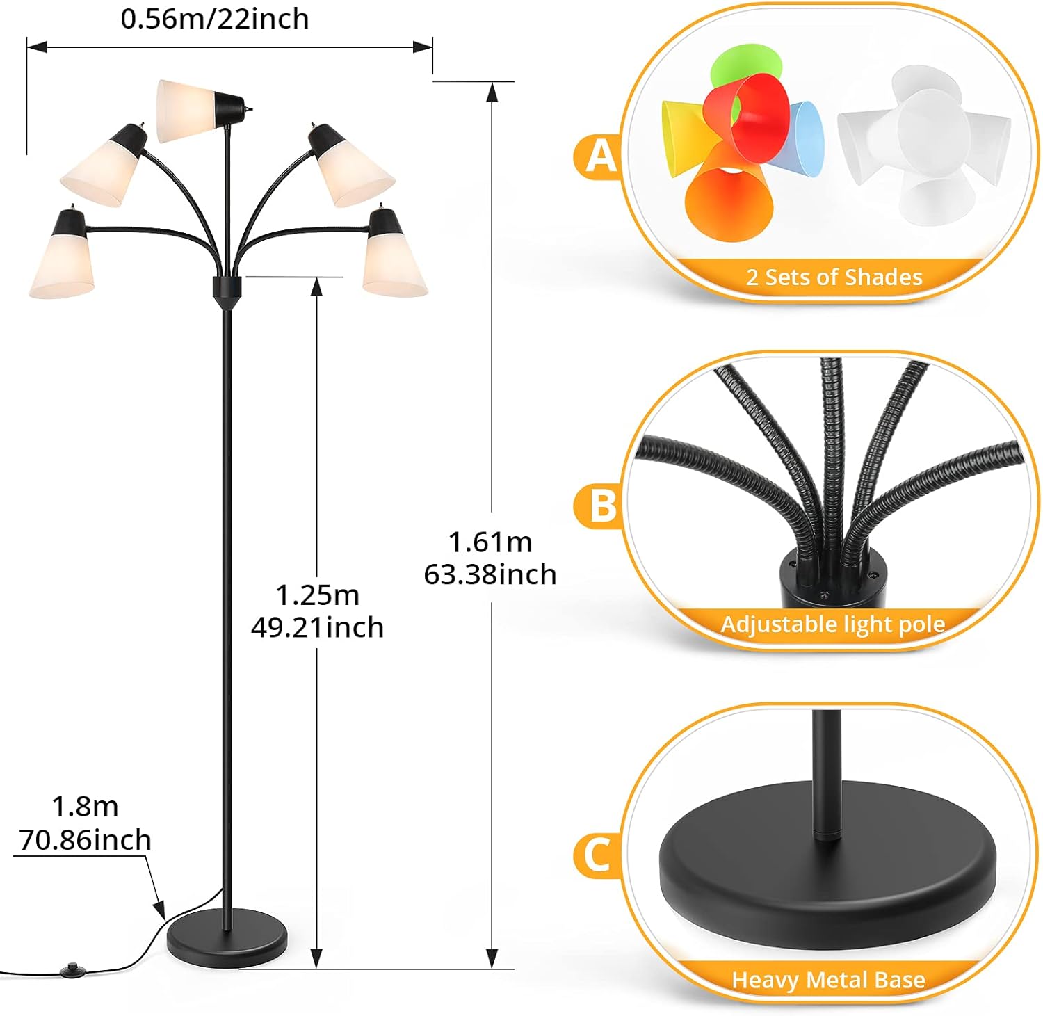 FOLKSMATE LED Floor Lamp, Medusa Multi Head Modern Tall, Rustic Adjustable Gooseneck Reading Standing Light for Living/Kids Room, Bedroom, Black - Image 7
