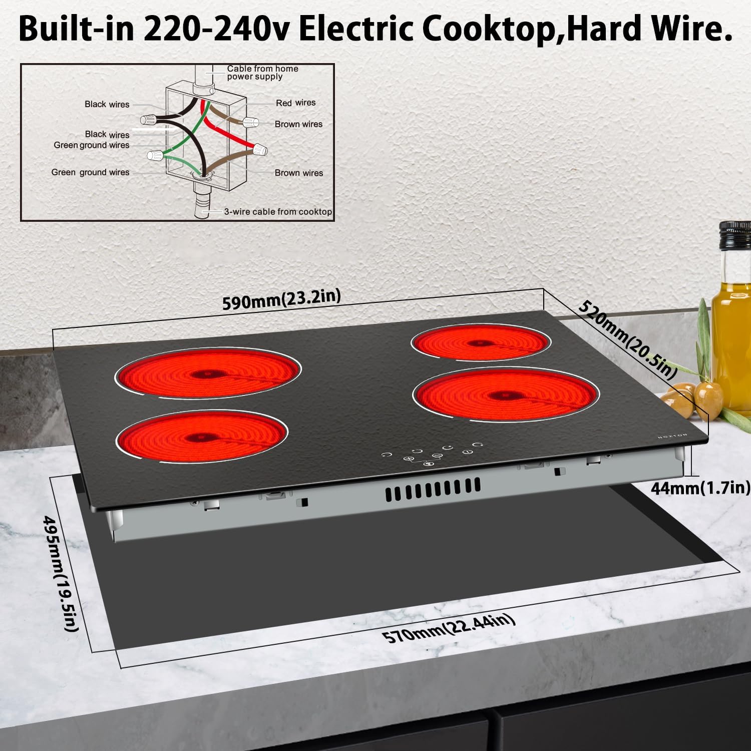 Noxton 24 Inch Electric Cooktop 4 Burners Electric Stove, Built-in Ceramic Cooktop with Touch Control Child Lock Timer Easy To Clean with Hard Wire 6000W 240V - Image 6