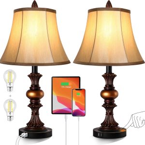 Touch Control Traditional Table Lamp Set of 2, Vintage Bedside Lamps with Dual USB Charging Ports, 3-Way Dimmable Bronze Finish Desk Lamps with Bell Shape Faux Silk Shade for Living Room, Bedroom