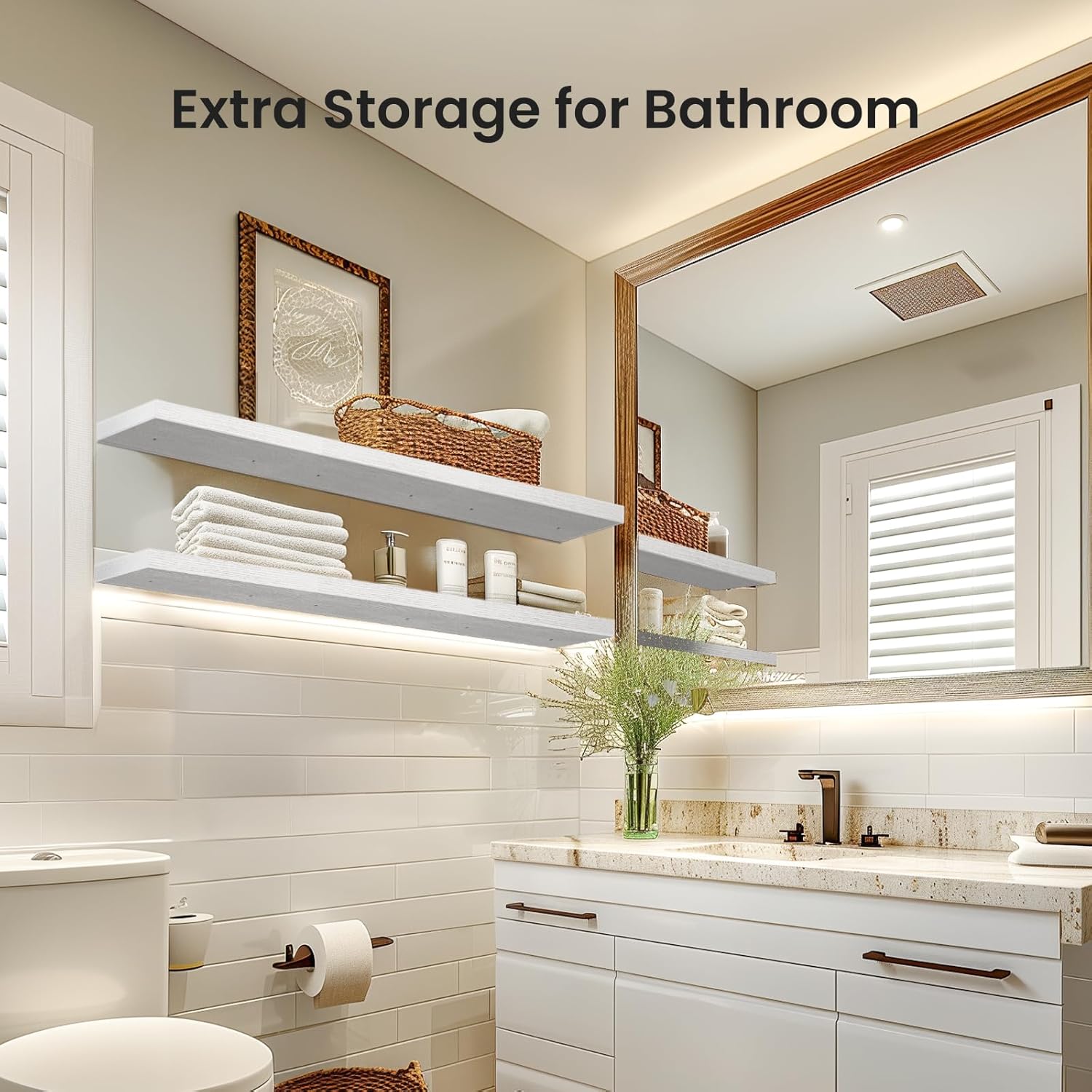 AMADA HOMEFURNISHING Floating Shelves, Wall Shelves for Bathroom/Living Room/Bedroom/Kitchen Decor, White Shelves with Invisible Brackets Set of 3 - AMFS08 - Image 6