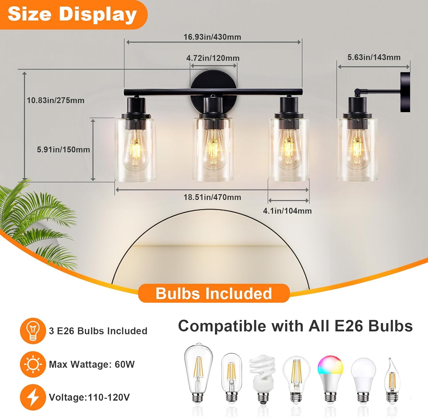 DLLT 3-Light Bathroom Light Fixtures: Black Modern Vanity Lights with 3 E26 Bulbs - Clear Glass Shade Bathroom Wall Lamp for Mirror Kitchen Living Room Hallway Cabinet Porch - Image 6