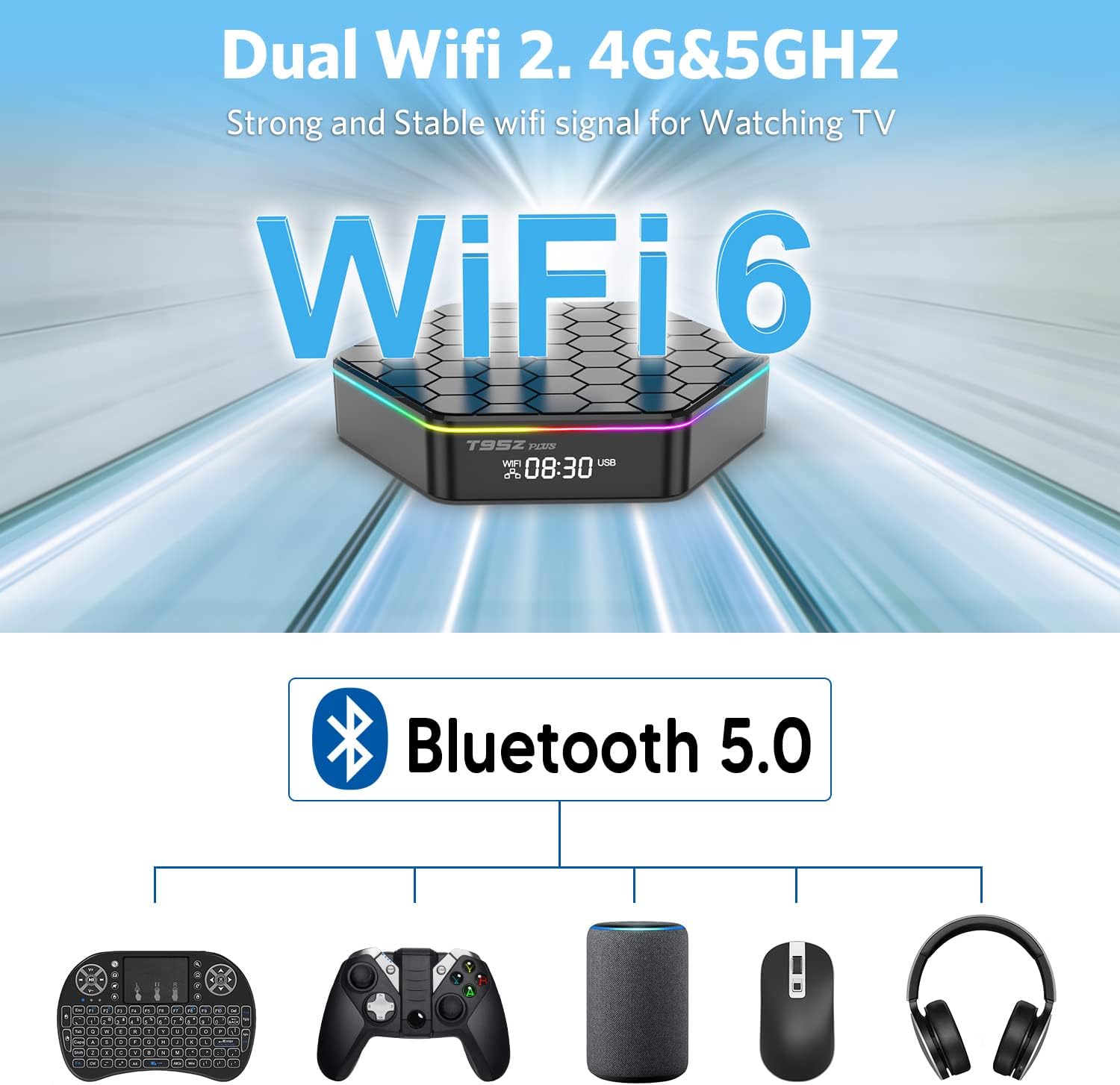 Android TV Box 12.0,T95ZPLUS H618 2GB RAM 16GB ROM with Backlit Mini Wireless Keyboard Quad-Core Cortex-A53 CPU,2.4GHz/5GHz Dual Band WiFi6 6K Ultra HD Resolution Bluetooth 5.0 - Image 4