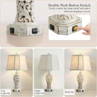 Set of 2 Rustic Table Lamps for Living Room Bedroom, Farmhouse Vintage Nightstand Lamp with 2 USB Ports, Hollow Out Resin Lamp for End Table with Nightlight, Bulbs Included (Wash White) - Image 3