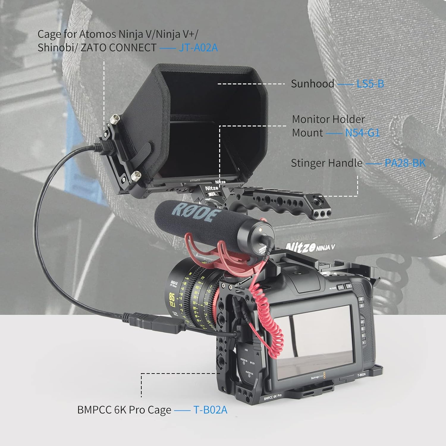 Nitze Cage Kit for Atomos Ninja V/Ninja V+ / Shinobi/Ninja/Ninja Ultra/Zato Connect Monitor, with HDMI Cable Clamp and Sunhood - JT-A02B - Image 7