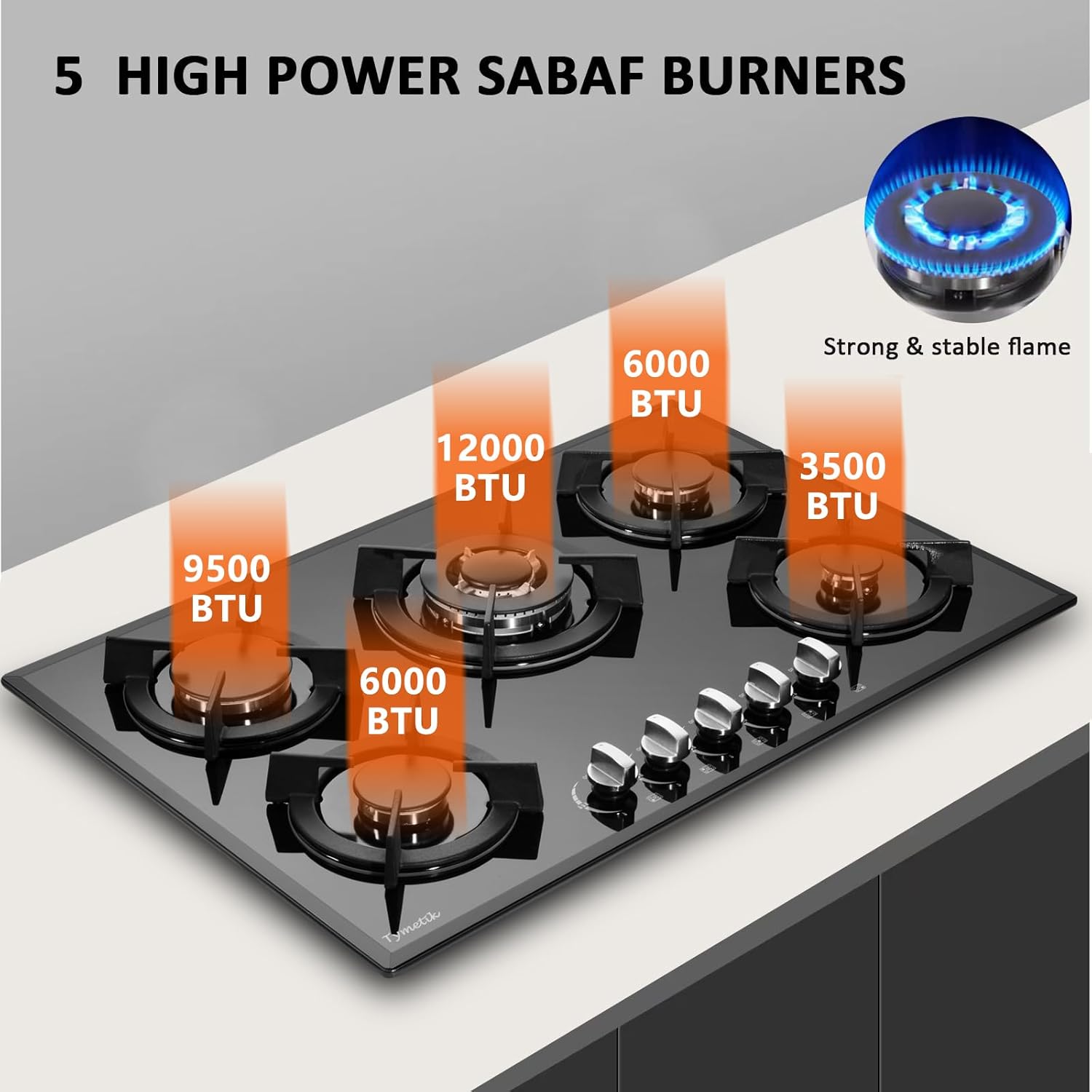 Gas Cooktop 30 Inch, Built-in Tempered Glass Gas Stovetop 5 High Efficiency Burners Gas Stove Top Propane/Natural Gas Convertible Gas Hob (Black) - Image 2