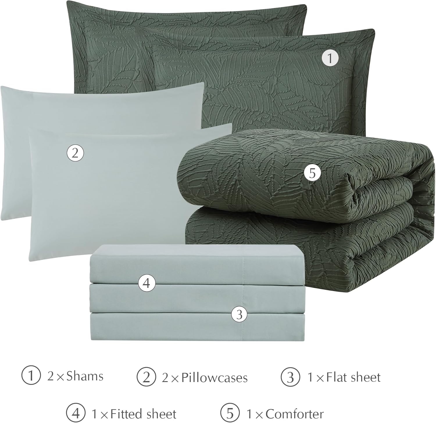 Geniospin Queen Comforter Set - 7 Pieces Dark Green Bedding Set, Botanical Textured Comforter Bed Set, All Season Lightweight Bed in a Bag with Comforter, Sheets, Pillowcases & Shams - Image 7