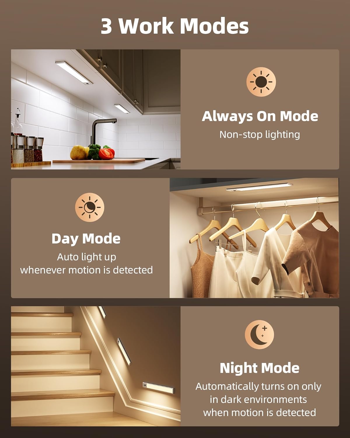 EZVALO 4-Pack Under Cabinet Lights, 2300mAh Rechargeable Motion Sensor Light Indoor, Wireless Closet Lights Battery Operated, with 3 Color Temps, Dimmable, Magnetic, for Kitchen, Stair, Pantry(8inch) - Image 7