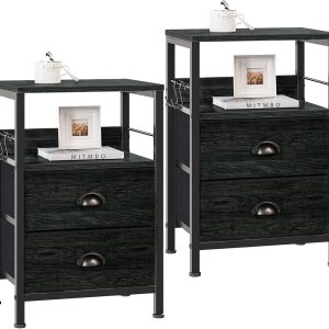Furologee Nightstands Set 2, Night Stand with 2 Fabric Drawers, Bedside Tables with Open Shelf, Wooden Top, Hooks, Backboard Design, Metal Frame, End Tables for Bedroom/Living Room/Study/Black Oak