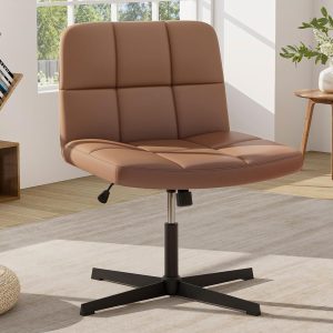 Giantex Criss Cross Chair, PU Leather Cross Legged Office Chair No Wheels, Height-Adjustable Swivel Vanity Chair with U-Shaped Seat, Armless Wide Desk Chair for Home, Office, Make Up, Brown