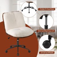 COSTWAY Criss Cross Chair with Wheels, Dual-Layer PU Leather & Thickened Boucle Cushion, Armless Home Office Desk Chair with Rocking Backrest, Wide Swivel Makeup Vanity Chairs for Small Space - Image 7