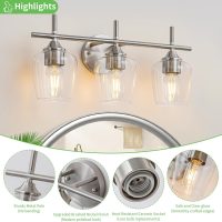 3-Light Bathroom Light Fixtures, Brushed Nickel Vanity Light, Bathroom Wall Lamp for Mirror Kitchen Bedroom Hallway Living Room Hallway - Image 3