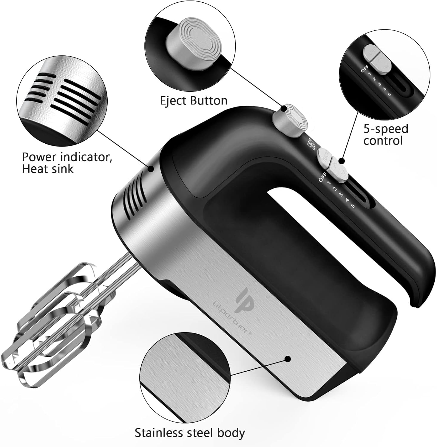 Hand Mixer Electric, 450W Kitchen Mixers with Scale Cup Storage Case, Turbo Boost/Self-Control Speed + 5 Speed + Eject Button + 5 Stainless Steel Accessories, For Easy Whipping Dough,Cream,Cake - Image 2