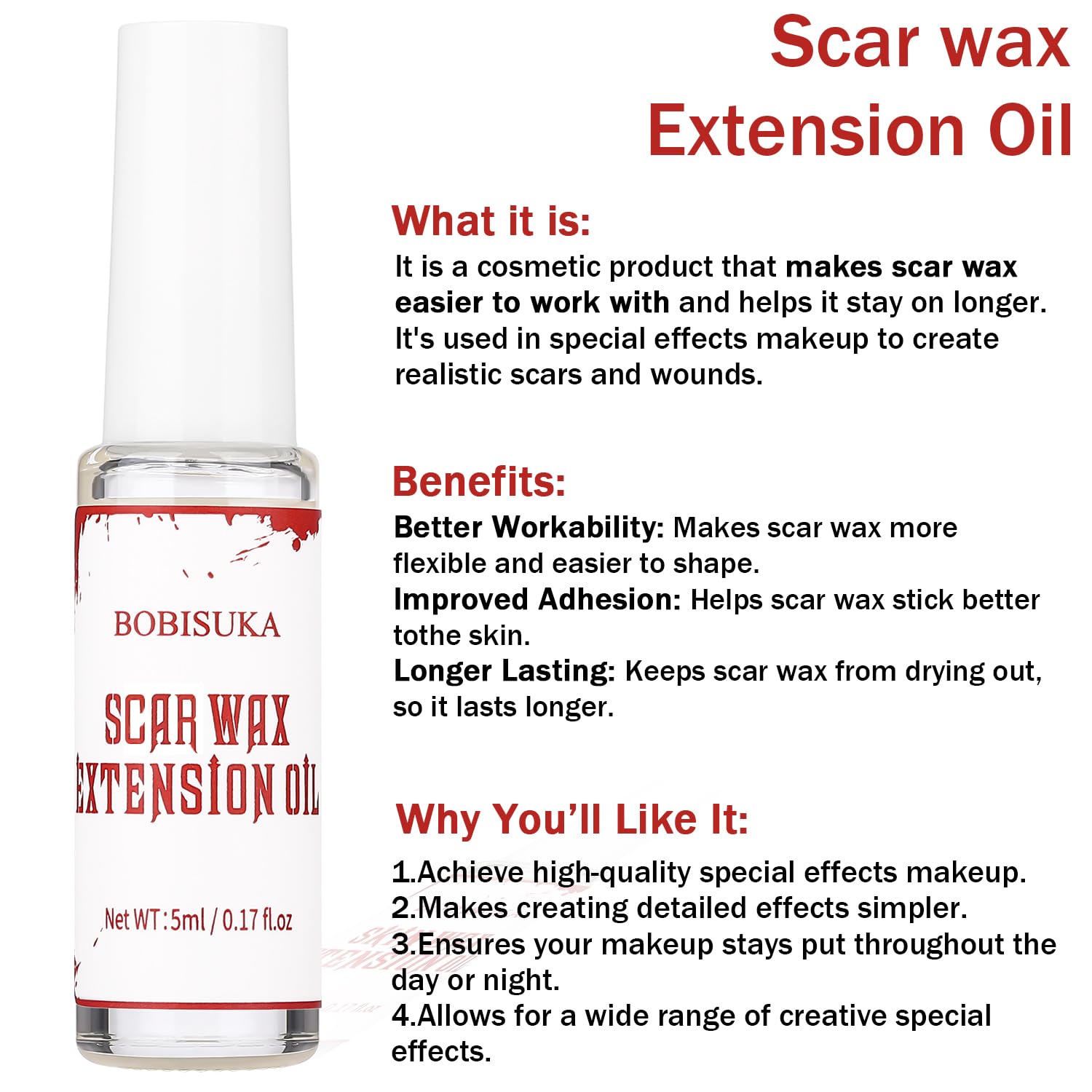 BOBISUKA Scar Wax Extension Oil for Professional SFX & Halloween Makeup - Non-Sticky, Smooth Finish - 0.17OZ - Image 2