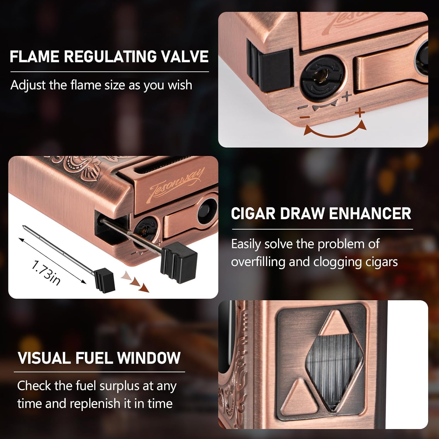 Cigar Torch Lighter, 4 Jet Flame Cigar Lighter with Cigar Cutter V Cut Cigar Accessories Cigar Holder Cigar Punch Cigar Draw Enhancer, Windproof Refillable Butane Lighter, Cigar Gifts for Men - Image 6