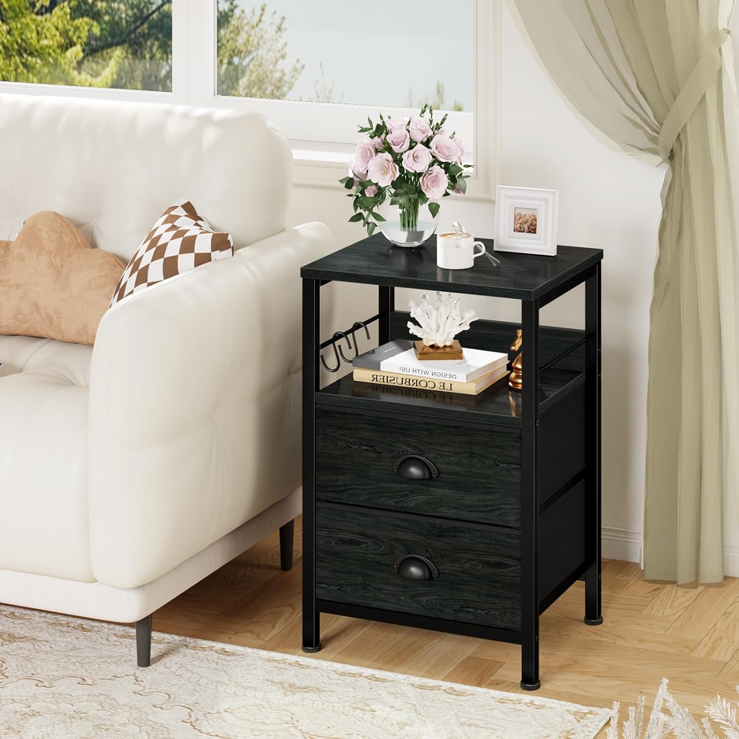 Furologee Nightstands Set 2, Night Stand with 2 Fabric Drawers, Bedside Tables with Open Shelf, Wooden Top, Hooks, Backboard Design, Metal Frame, End Tables for Bedroom/Living Room/Study/Black Oak - Image 9
