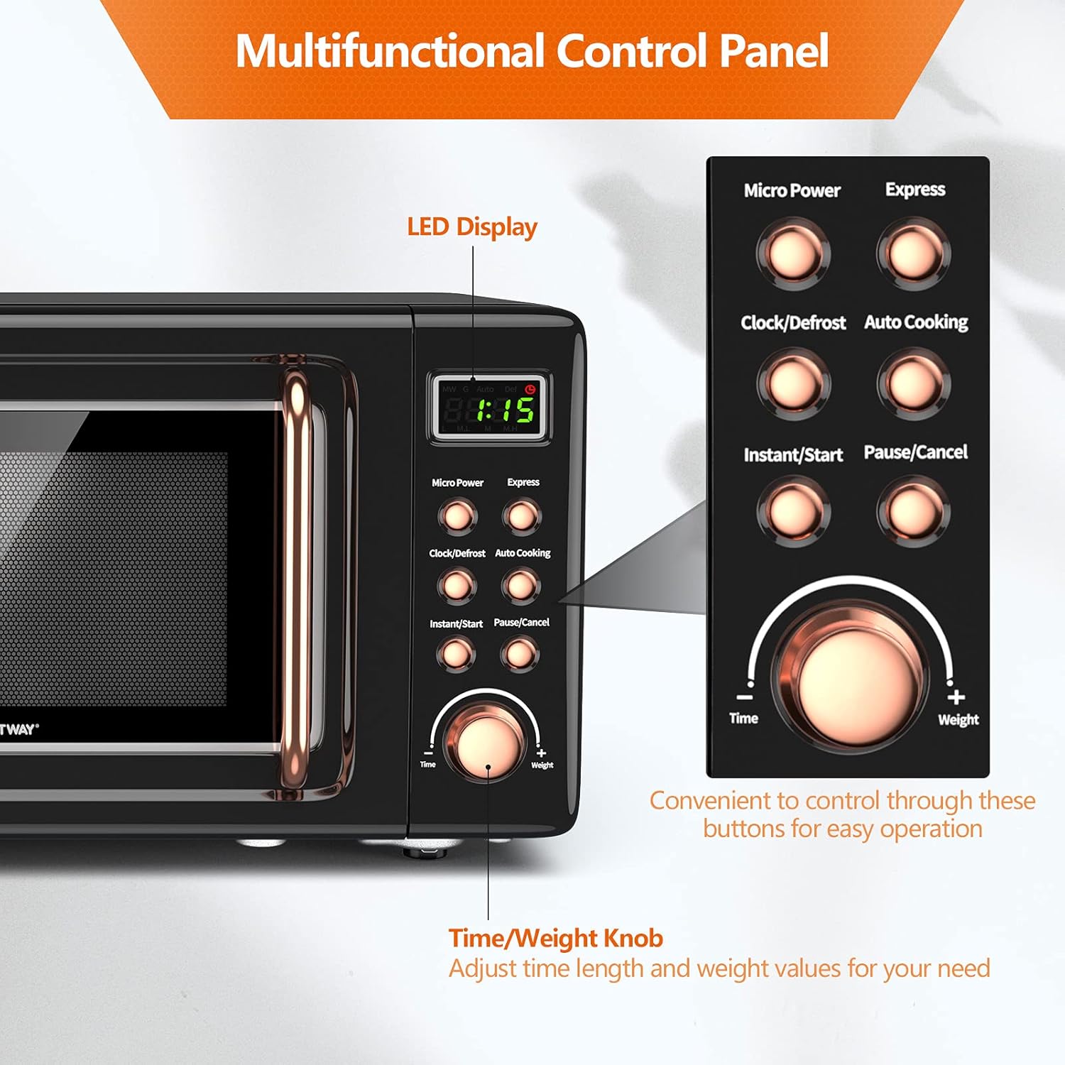 COSTWAY Retro Countertop Microwave Oven, 0.7Cu.ft, 700-Watt, High Energy Efficiency, 5 Micro Power, Delayed Start Function, with Glass Turntable & Viewing Window, LED Display, Child Lock (Gold) - Image 5