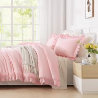 Andency Pink Comforter Set Full, 3 Pieces Lightweight Soft Rustic Pink Ruffle Comforter Women Girls, Solid Farmhouse Shabby Chic Microfiber Bedding Comforter Set - Image 6