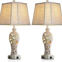 Set of 2 Rustic Table Lamps for Living Room Bedroom, Farmhouse Vintage Nightstand Lamp with 2 USB Ports, Hollow Out Resin Lamp for End Table with Nightlight, Bulbs Included (Wash White) - Image 9
