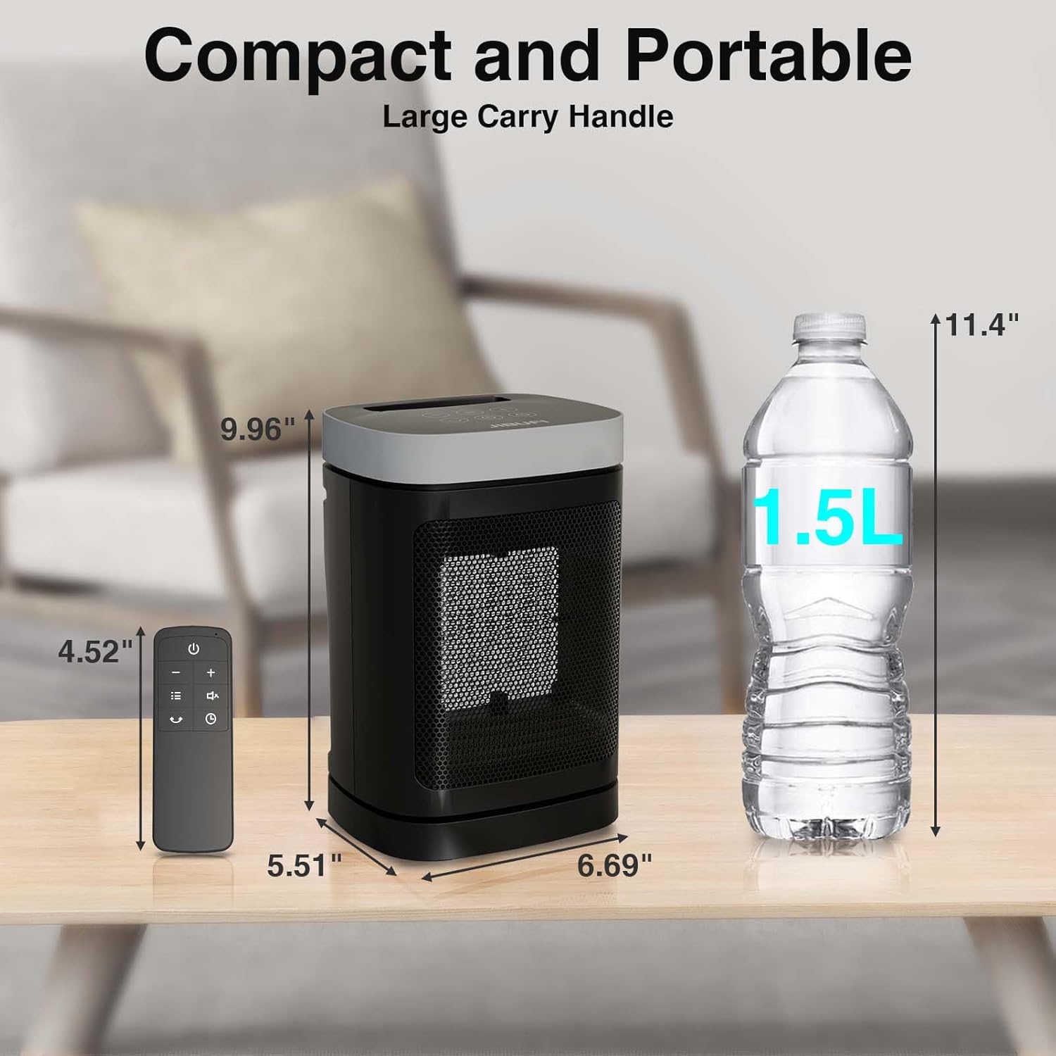 Small Portable Space Heater for Indoor Use - with 70°Rotating Feature, JIBUFI 1500W PTC Electric Heater, Rapid and Safe Heating, Remote Control, 1-12 Hr Timer for Bedroom, Office - Image 7