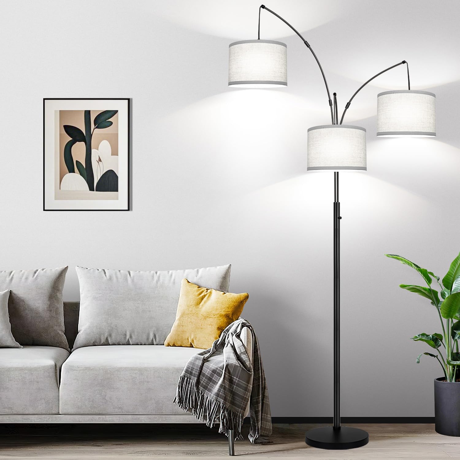 Dimmable Floor Lamp, 3 Lights Arc Floor Lamps for Living Room, Modern Tall Standing Tree Lamp with Gray Linen Shade & Heavy Base, Large Floor Lamp for Bedroom Office, 3x1000 LM LED Bulbs Included - Image 8