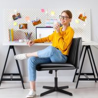 LEMBERI PU Leather Armless Office Desk Chair No Wheels,Criss Cross Legged Office Chair, Wide Padded Swivel Vanity Chair,Mid Back Ergonomic Computer Task Chair for Make Up,Small Space,Gray - Image 7
