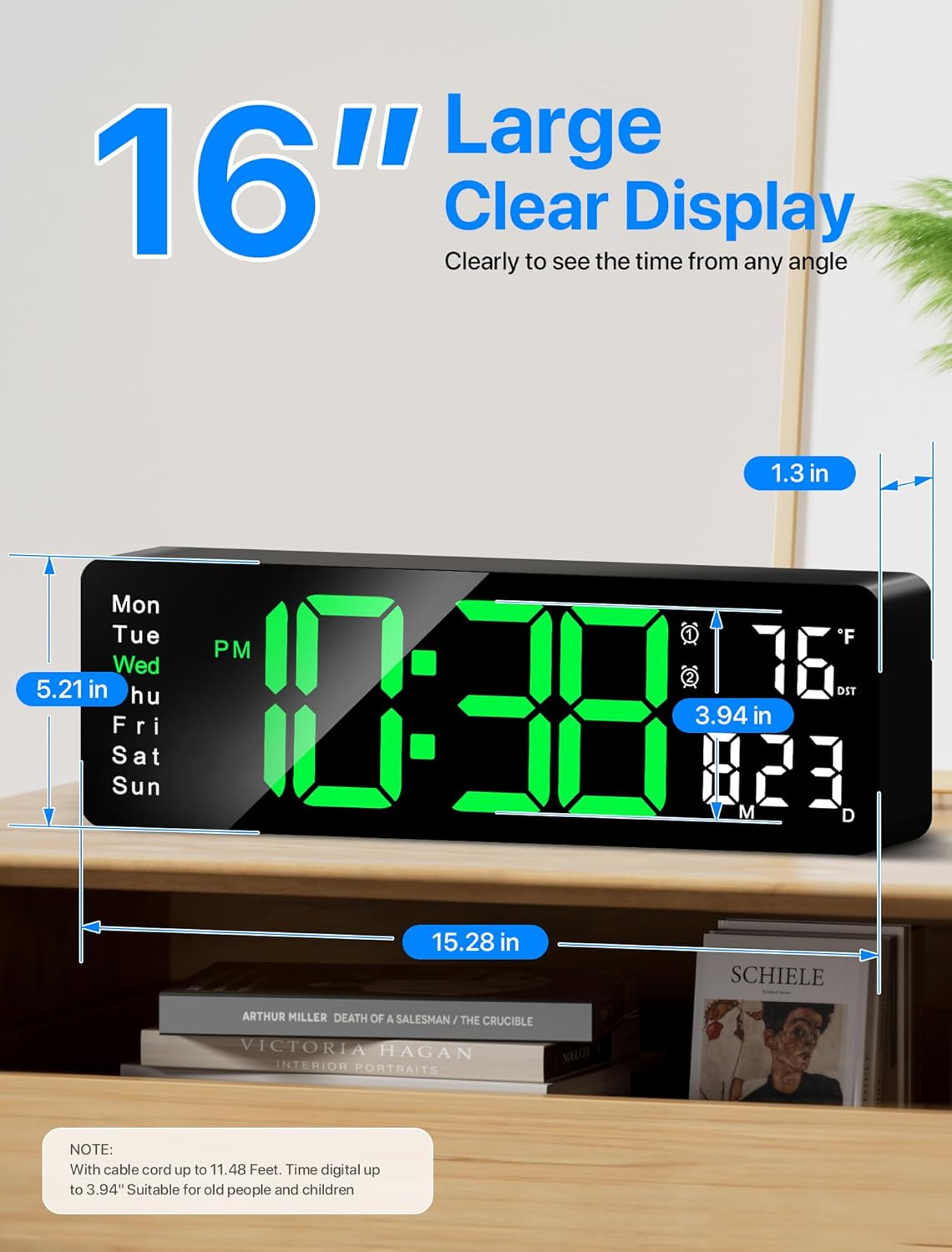 MASHI Digital Wall Clock, 16" Large Display Digital Clock with Remote Control, Auto-Dimming Wall Clock with Night Light, DST, Date Week,Temp for Living Room, Bedroom, Decor, Gift for Elderly - Image 2