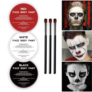White Black Red Oil Face Body Paint Set,Halloween Joker Clown Makeup Kit with 3 Brushes, Professional Black White Red Face Body Painting Kit for Halloween Sfx Makeup, Theater, Cosplay, Costume