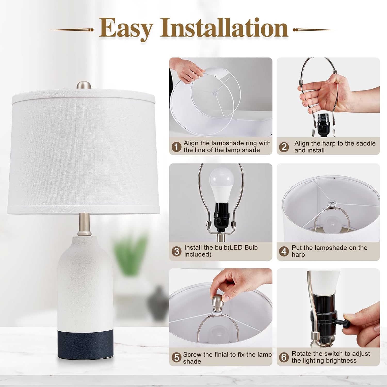 Luvkczc Modern Ceramic Lamps for Bedrooms Set of 2, 3-Color Temperature Table Lamp Bedside Nightstand Desk Reading Lamp with Fabric Drum Shade for Bedroom, Living Room, 2 Bulbs Included (21.4") - Image 7
