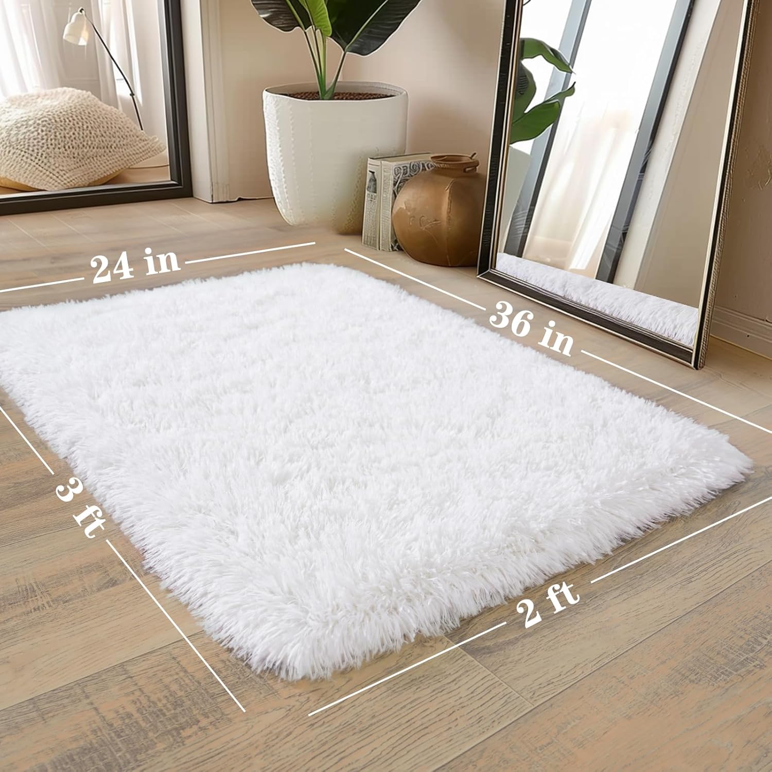 Shaggy Rugs for Bedroom Living Room Dorm Kids Room Decor, Soft Modern Indoor Fluffy Shag Area Rug, Non-Slip Fuzzy Floor Carpet 2x3 Feet, Cute Small Rectangle Plush Rug, White - Image 2