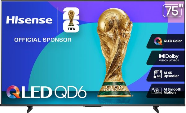 Hisense 75" Class QD6 Series (75QD6QF, 2025 Model) QLED 4K UHD Smart Fire TV, Voice Remote with Alexa, Dolby Vision, Dolby Atmos, Motion Rate 120, HDR 10+, Game Mode Plus, MEMC, VRR, ALLM