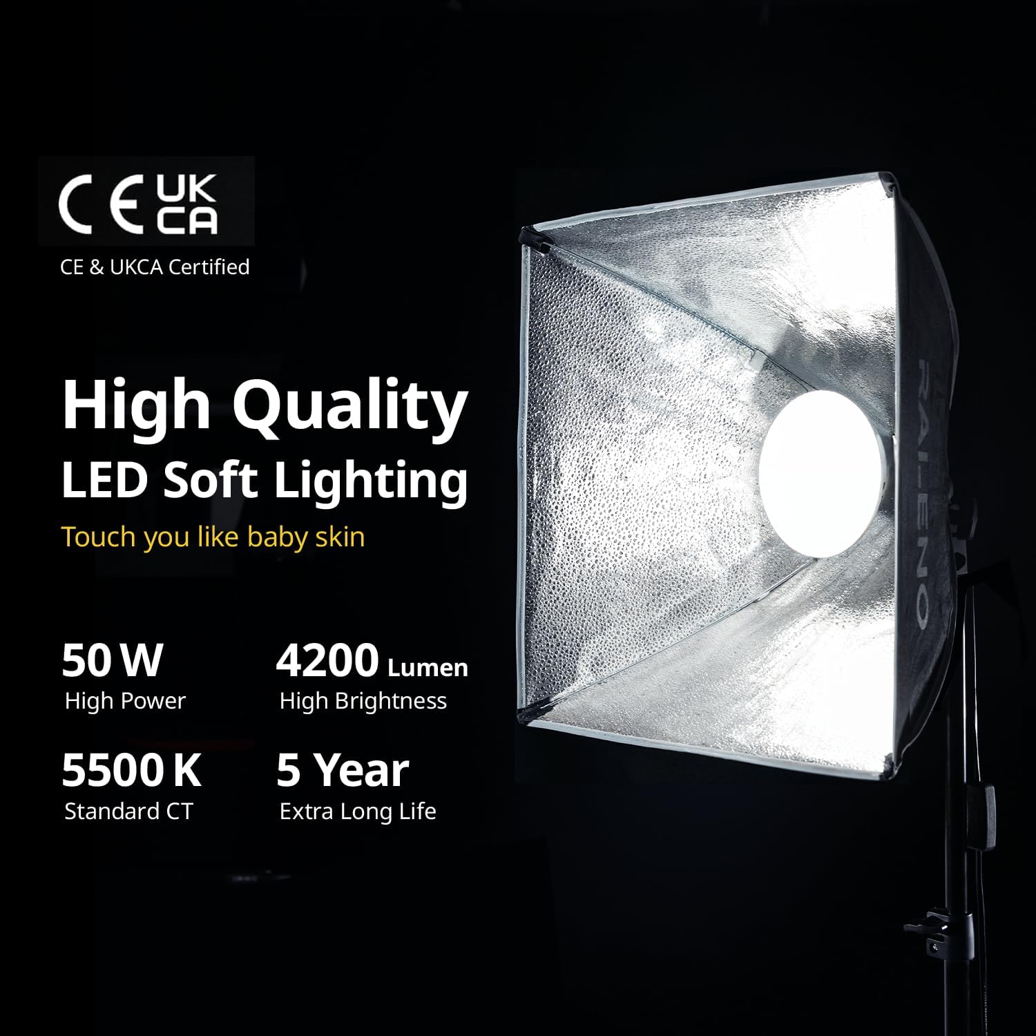 RALENO Softbox Photography Lighting Kit, 16'' x 16'' Softbox Lighting for TikTok with LED Bulb (50W | 5500K | 97 CRI | TLCI≥97), Continuous Light for Video Recording & Photography Shooting - Image 2
