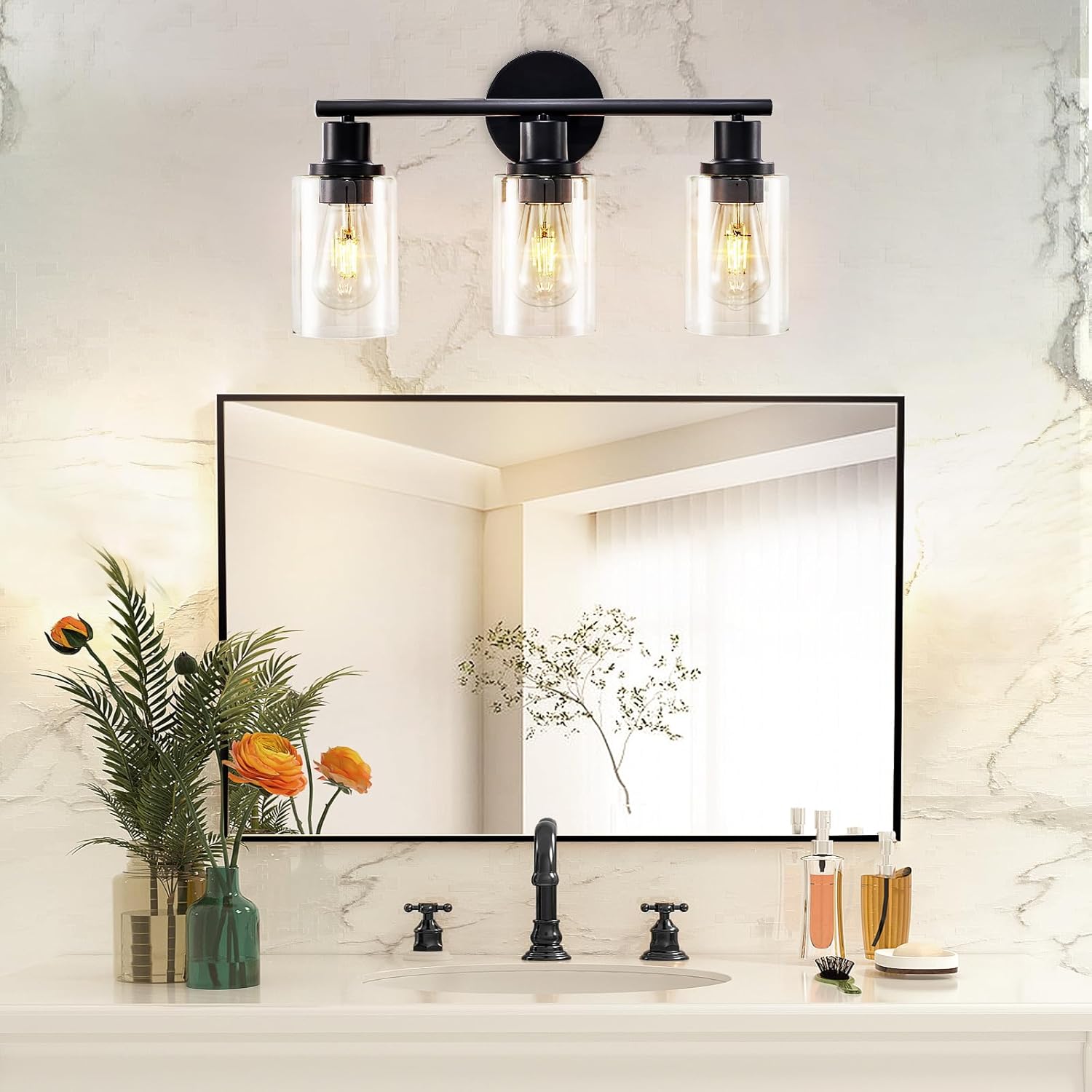 DLLT 3-Light Bathroom Light Fixtures: Black Modern Vanity Lights with 3 E26 Bulbs - Clear Glass Shade Bathroom Wall Lamp for Mirror Kitchen Living Room Hallway Cabinet Porch - Image 8