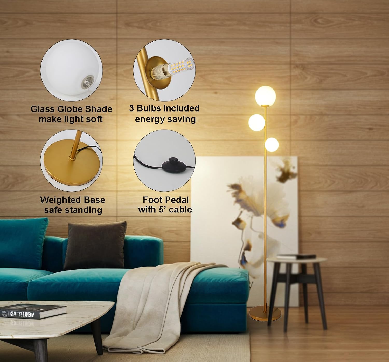 Fiqevs 3 Globe Mid Century Modern Floor Lamp for Living Room, Gold Standing Lamp with Frosted Glass Shade and 3x2700K Warm LED Bulbs, Vintage Retro Tall Lamps for Bedrooms, Office - Antique Brass - Image 6