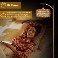 Arc Floor Lamp with 3 Color Temperatures, LED Gold Floor Lamp with Remote & Stepless Dimmable Bulb, Boho Standing Lamp with Rattan & Fabric Shades, Farmhouse Tall Lamp for Living Room Bedroom - Image 7