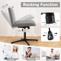 COSTWAY Criss Cross Legged Chair, Modern Armless Desk Chair w/Wide Seat & 120°Rocking, Height Adjustable Computer Task Chair No Wheels, Padded Swivel Vanity Chair for Home Office (Grey) - Image 5