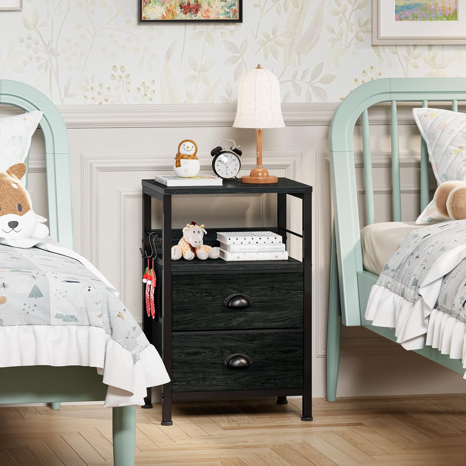 Furologee Nightstands Set 2, Night Stand with 2 Fabric Drawers, Bedside Tables with Open Shelf, Wooden Top, Hooks, Backboard Design, Metal Frame, End Tables for Bedroom/Living Room/Study/Black Oak - Image 8