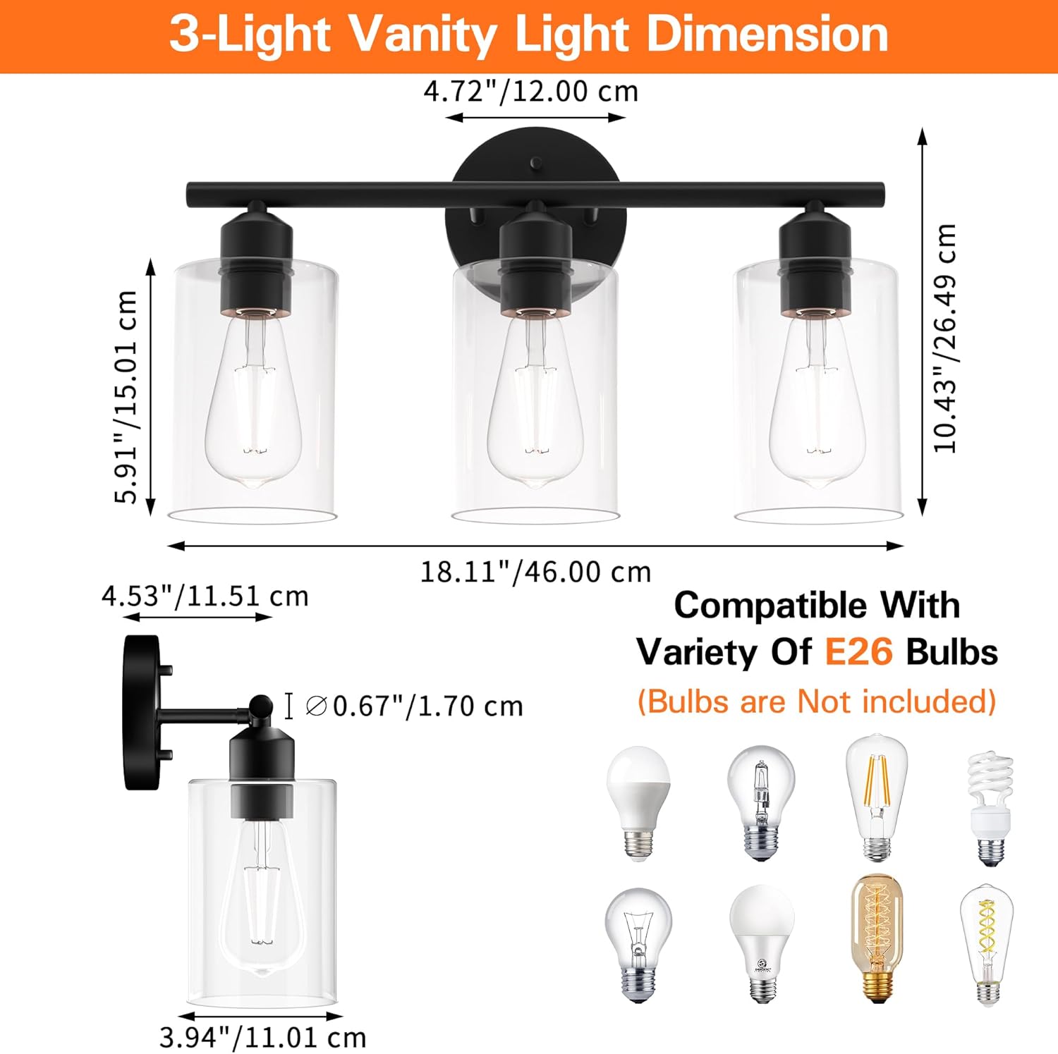 Espird Bathroom Vanity Light Fixtures Matte Black Bathroom Lighting Fixture, 3 Lights Bathroom Light Fixture Over Mirror, Modern Black Vanity Light, UL Certified Wall Sconces with Glass Shades - Image 3