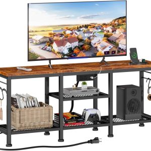 Furologee TV Stand with Power Outlets, Entertainment Center with Open Storage Shelves for TVs up to 55 Inch, Media Console Table with Soundbar Shelf for Living Room, Bedroom, Rustic Brown