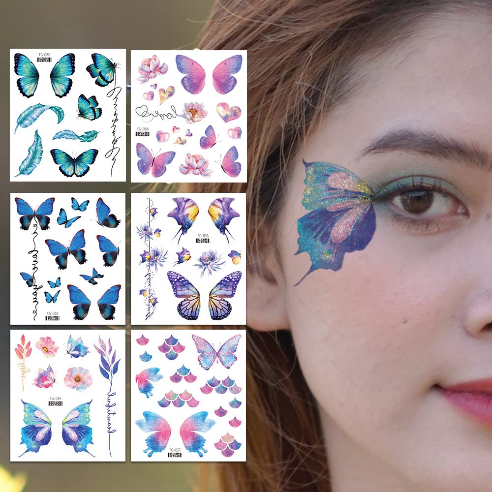 14 Sheets Glitter Butterfly Temporary Tattoos Sticker for Women Girls Eye Face Makeup Decoration, Flash Fairy Body Art Shiny Butterflies Waterproof Fake Tattoos for Festival Party Eye Decor - Image 2