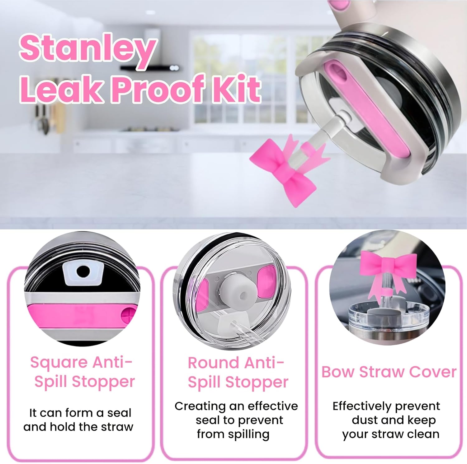 6PCS Pink Stanley Cup Accessories Set, Initials Decorations for Stanley Cup 30oz 40oz, Includes Bow Straw Topper, Handle Charm, Letter Sticker, Silicone Boot, Spill Proof Stopper (Letter V) - Image 3