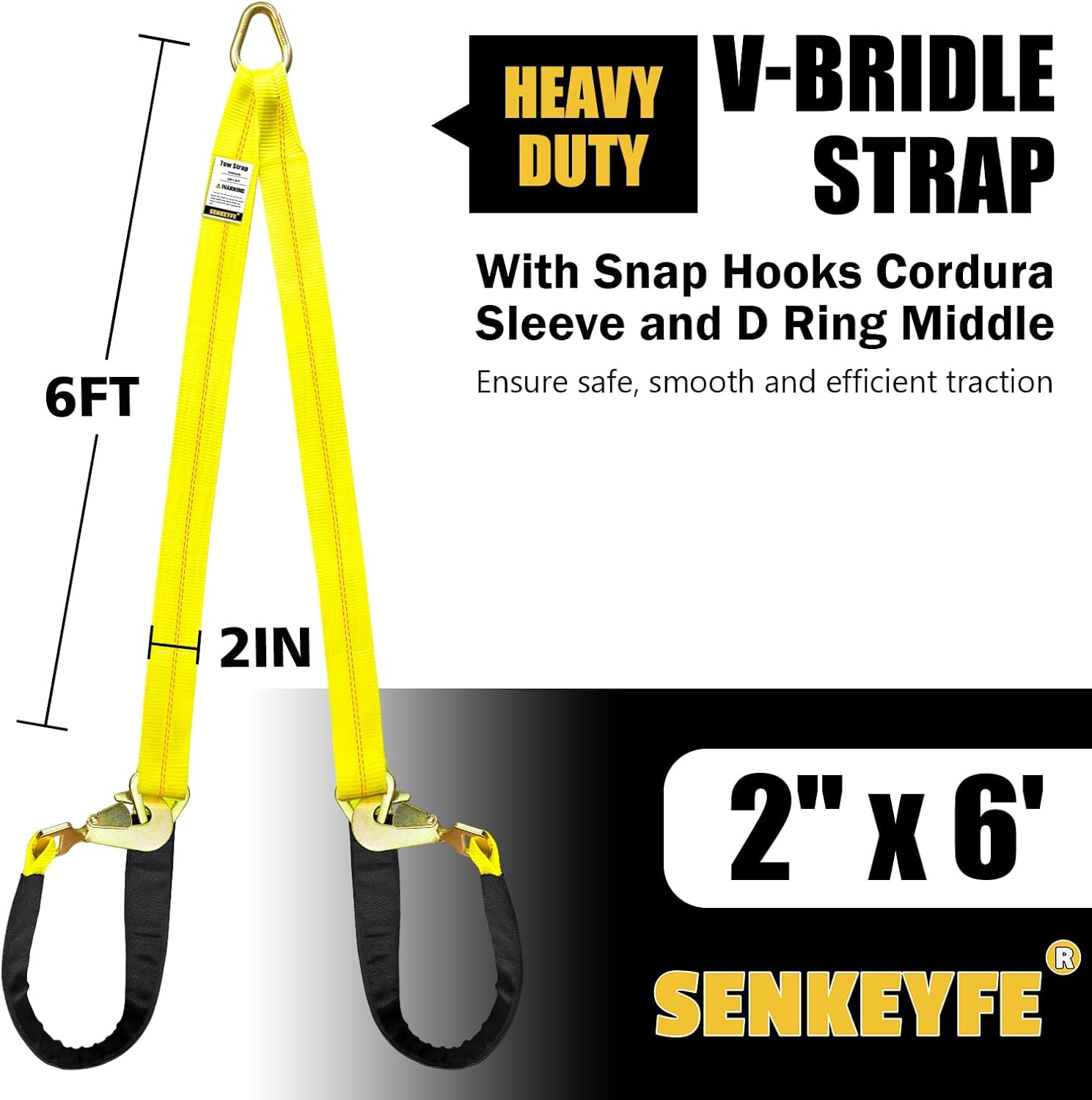 Axle V-Bridle Strap, 2" x 6' With 4700LBS Capacity, Tie Down With Snap Hooks, Cordura Sleeve, D Ring Middle - ATV Car Truck Recovery Tow Trailer - Image 2