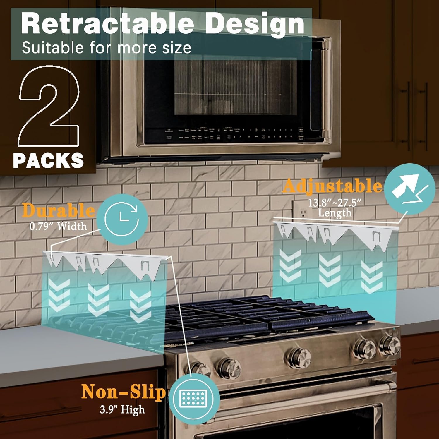 Stove Gap Covers Stainless Steel, 2 Pack Stove Gap Filler Easy Retractable Length 13.8" to 27.5", Width 0.79" ALMCALS Stove Gap Guards Range Trim Kit, Heat Resistant Guard Between Stove Top & Counter - Image 2