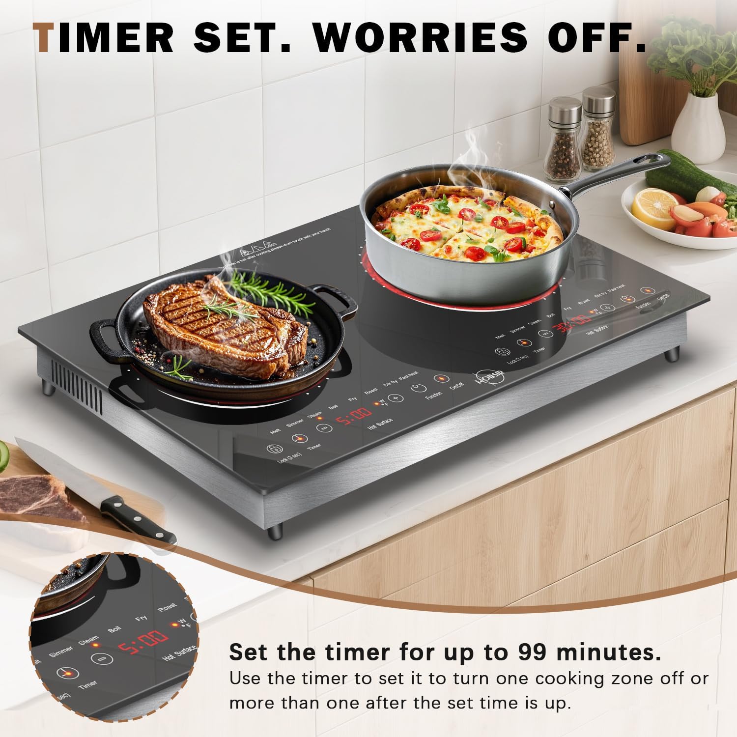 Hobsir 2 Burner Electric Cooktop 110v, 2000W, Electric Stove Top Burner, 24 Inch Countertop and Built-in Hot Plate Stove with Plug, LED Touch, Menu, Safety Lock for Kitchen Apartment RV Camp Stoves - Image 5