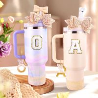 White Cup Accessories Set for Stanley 30OZ & 40OZ Tumbler with Handle, Letter Charms, Bow & Diamond Straw Covers, Glitter Silicone Boot, Personalized Sticker for Stanley Cup Accessories (V) - Image 7