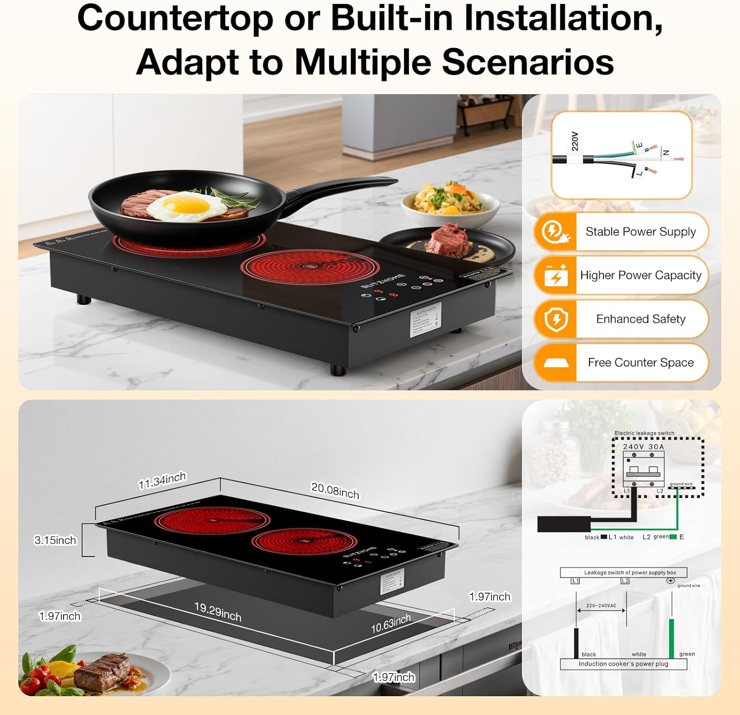 BLITZHOME Electric Stove Top 2 Burner, 12inch Electric Cooktop, Built-in Ceramic Cooktop with 9 Power Levels/Timer/Child Safety Lock/Touch Control/Overheat Protection, 220-240V, Hard Wire, No Plug - Image 7
