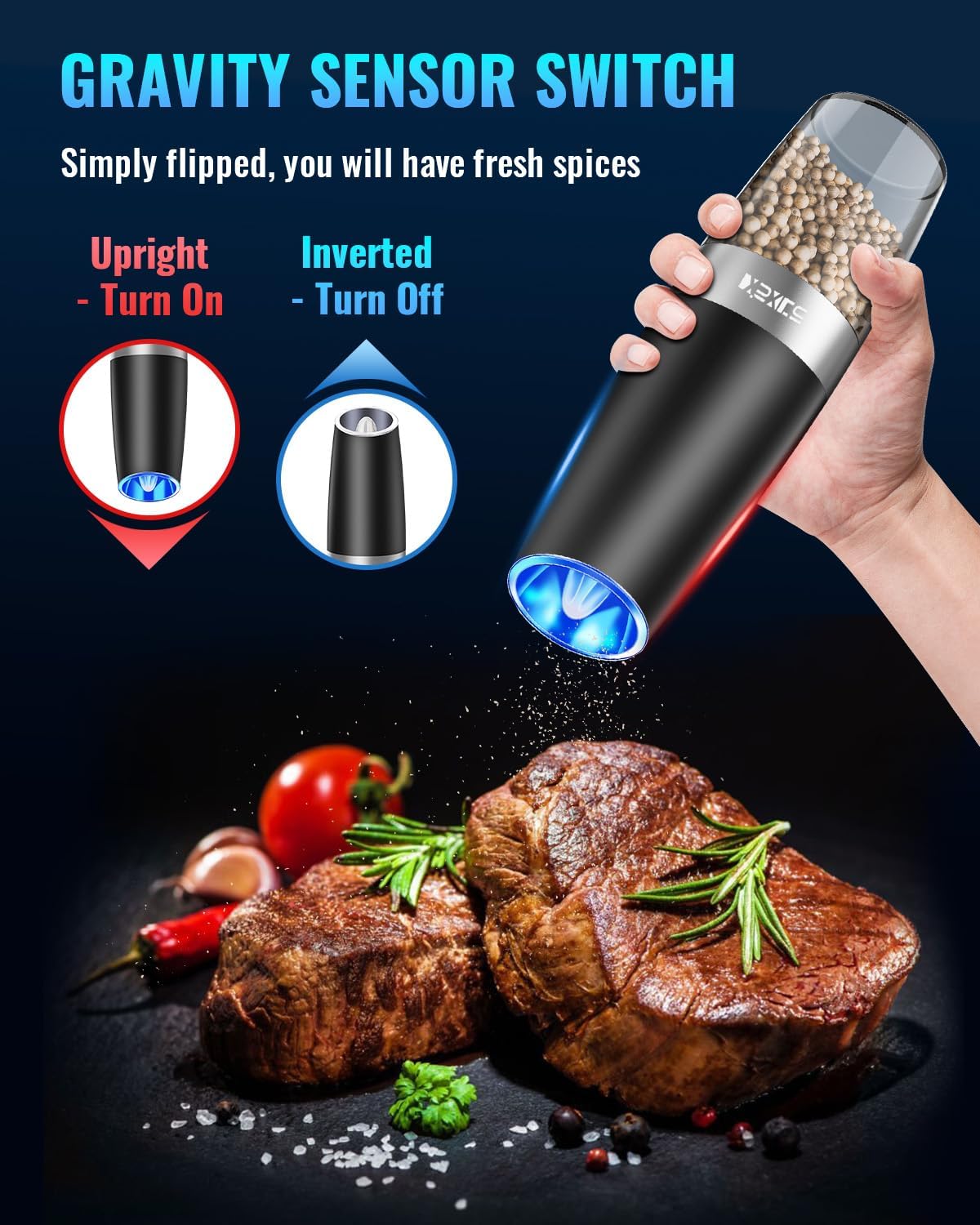 XinXu Gravity Electric Pepper and Salt Grinder Set, Adjustable Coarseness, Battery Powered with LED Light, One Hand Automatic Operation, Black -2 Pack - Image 2