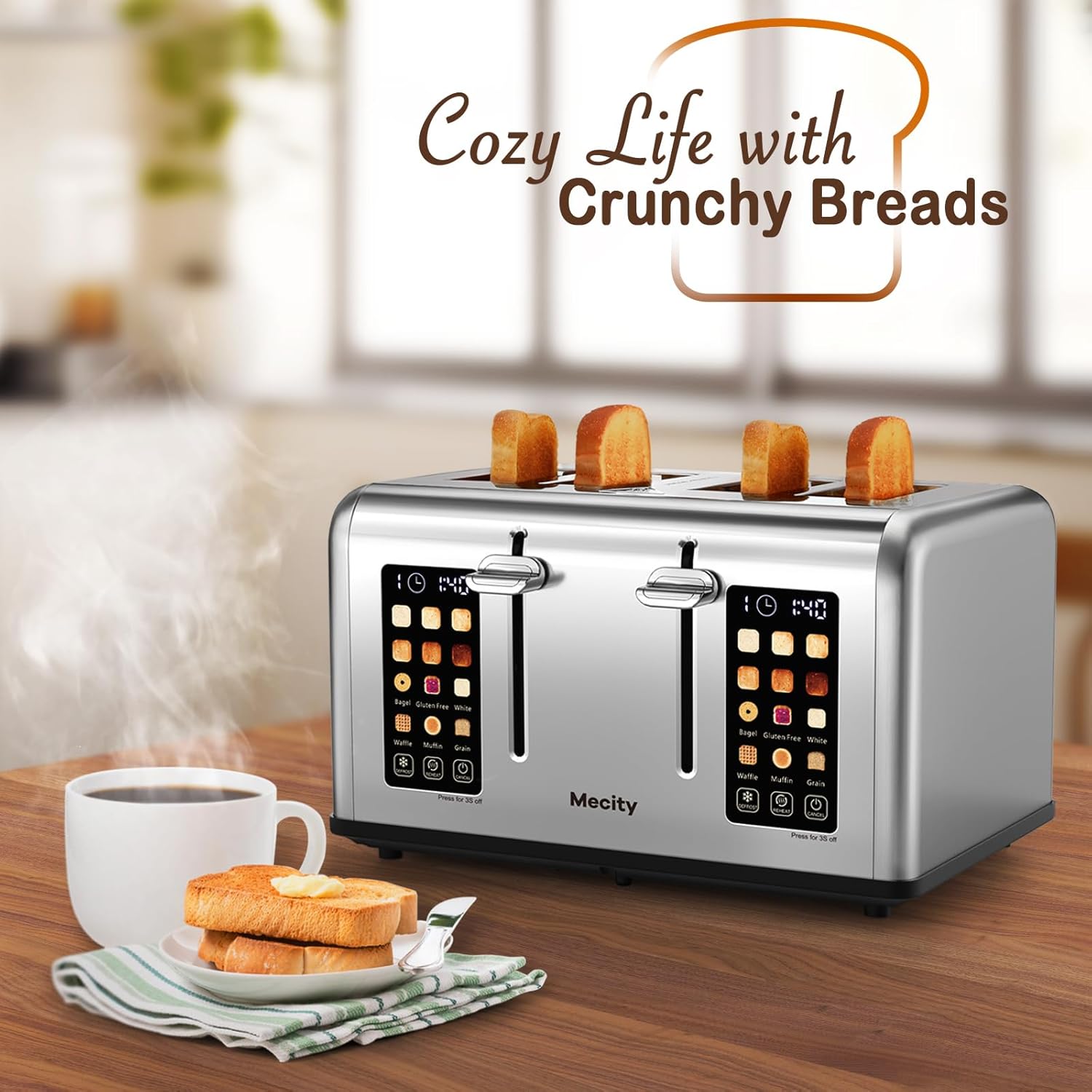 Mecity 4 Slice Toaster with Touch Screen Control, 4 Wide Slots, Stainless Steel Smart Bread Toaster for Bagels, Muffins, Waffles, Dual Control Panel, Timer, Defrost, Reheat, 120V 1650W - Image 7