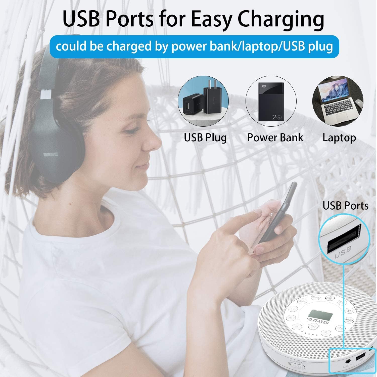 Lukasa Portable Bluetooth CD Player Built-in Speaker Stereo, Personal MP3 Players Rechargeable Compact Car Disc CD Music Player USB Play Anti-Shock Protection - Image 9
