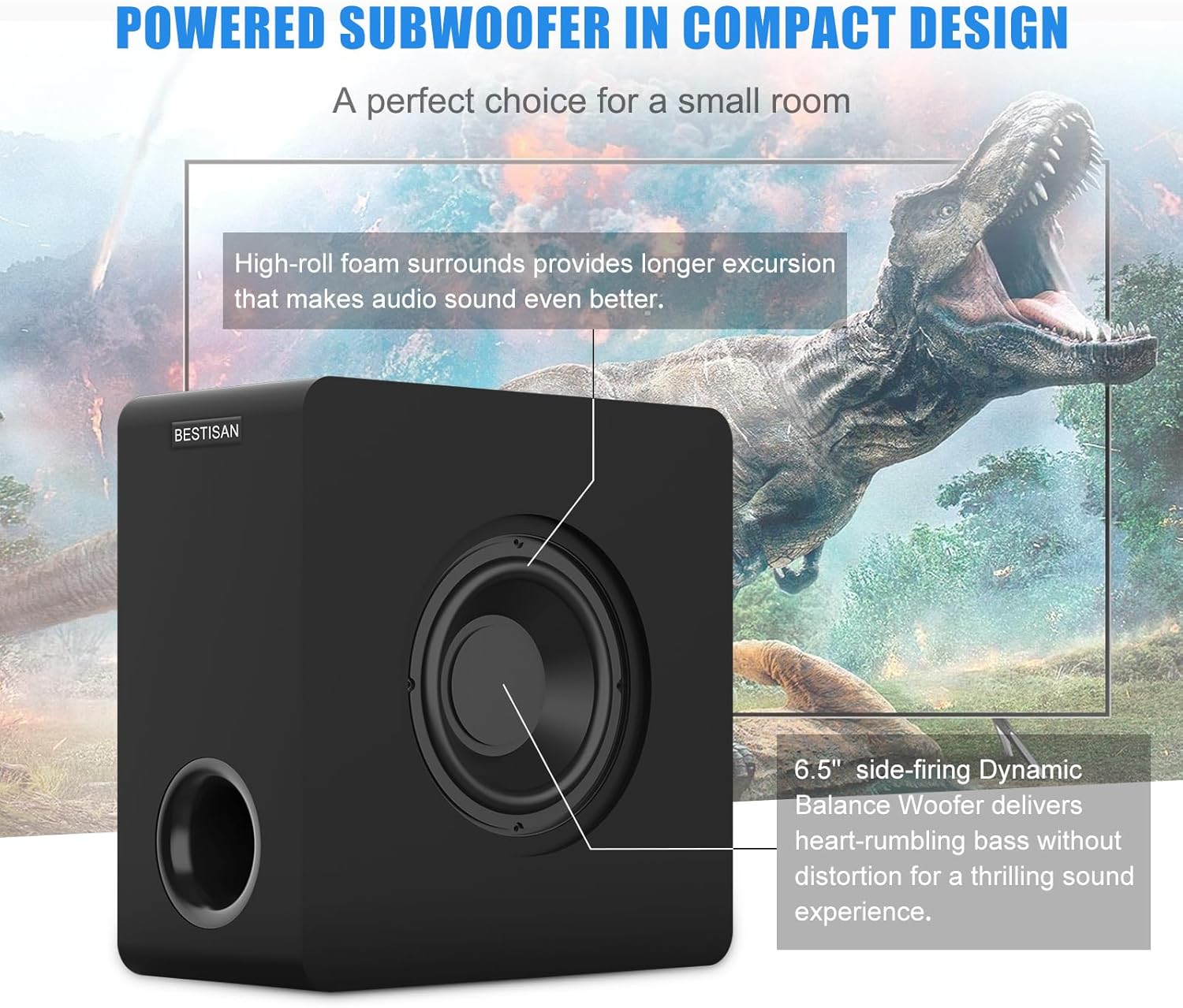 BESTISAN Powered Subwoofer, 6.5'' Side Firing Home Audio Sub, Deep Bass Response Subwoofers, Easy Setup with Home Theater Systems, TV, Speakers, RCA, LFE, AUX Input, High-Level Speaker Input & Output - Image 2